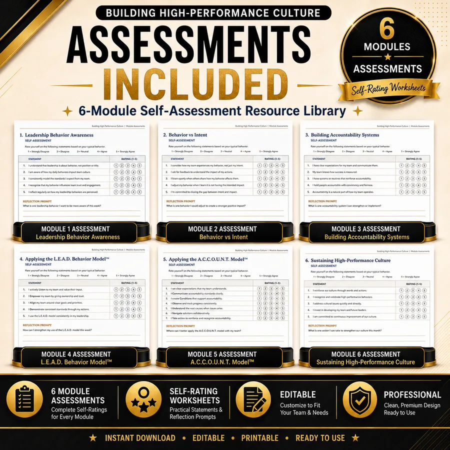 Module assessments — self-rating leadership worksheets for six modules