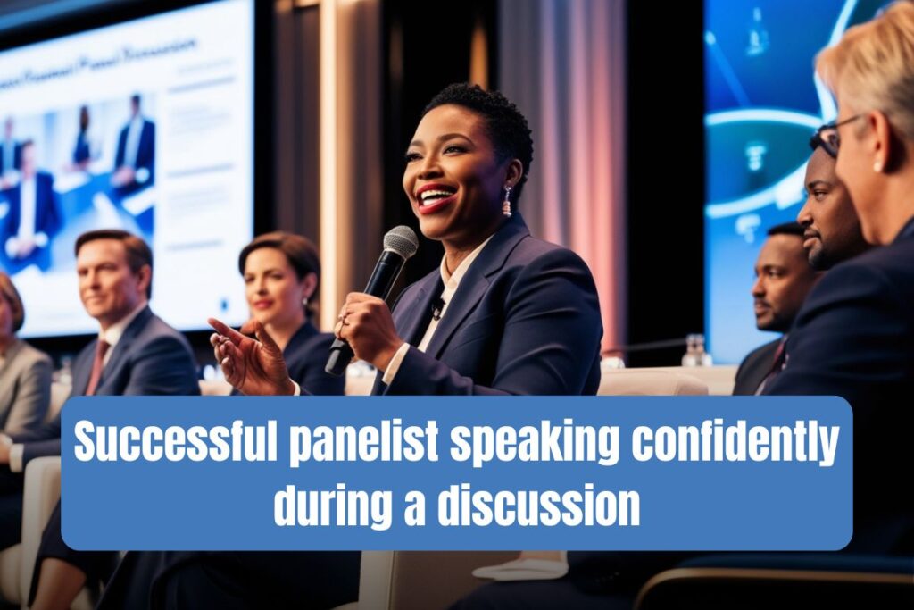 Successful panelist speaking confidently during a discussion