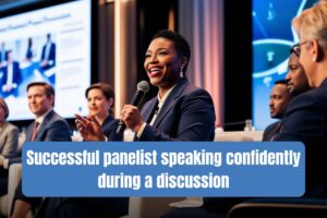 Successful panelist speaking confidently during a discussion